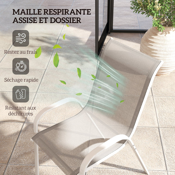 Lot de 4 chaises de jardin, chaises empilables, dossier haut incliné, tissu en maille respirante, cadre en acier, gris