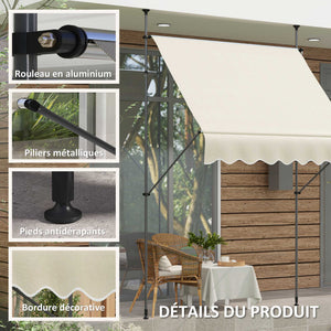 Store banne autoportant manuel auvent rétractable 2L x 1,2l x 2,1-3H m inclinaison réglable pour balcon sans trous à percer métal alu polyester sable