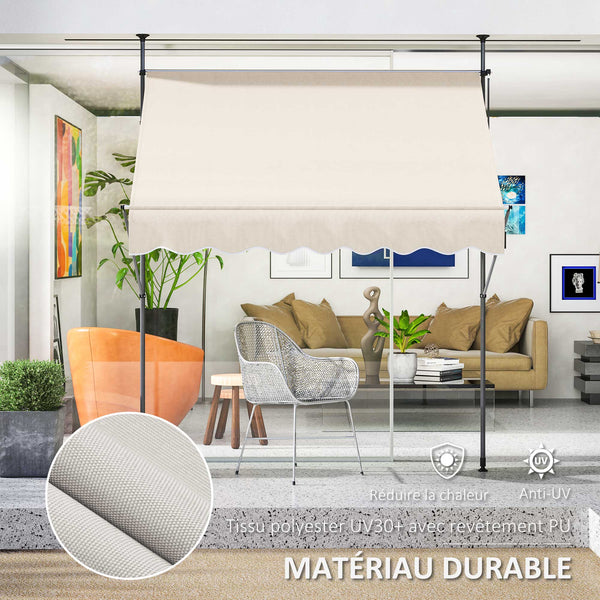 Store banne autoportant manuel auvent rétractable 2L x 1,2l x 2,1-3H m inclinaison réglable pour balcon sans trous à percer métal alu polyester sable