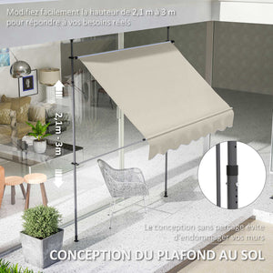 Store banne autoportant manuel auvent rétractable 2L x 1,2l x 2,1-3H m inclinaison réglable pour balcon sans trous à percer métal alu polyester sable