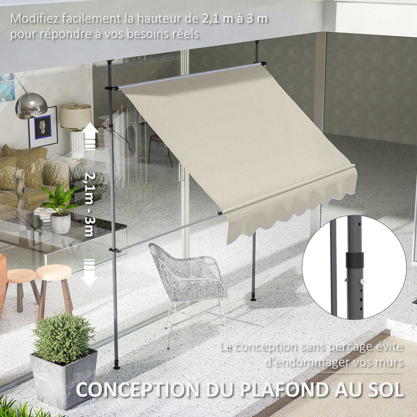Store banne autoportant manuel auvent rétractable 2L x 1,2l x 2,1-3H m inclinaison réglable pour balcon sans trous à percer métal alu polyester sable