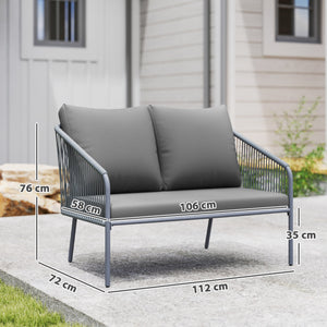 Canapé de jardin 2 places en résine tressée avec coussins, canapé d'extérieur avec accoudoirs, cadre en acier pour balcon, gris