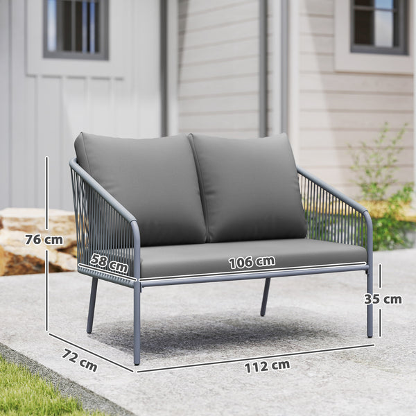 Canapé de jardin 2 places en résine tressée avec coussins, canapé d'extérieur avec accoudoirs, cadre en acier pour balcon, gris