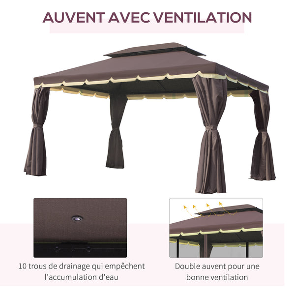 Tonnelle de jardin extérieur 4 x 3 m barnum double toit tente de réception avec parois et moustiquaires marron