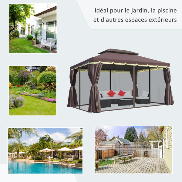 Tonnelle de jardin extérieur 4 x 3 m barnum double toit tente de réception avec parois et moustiquaires marron