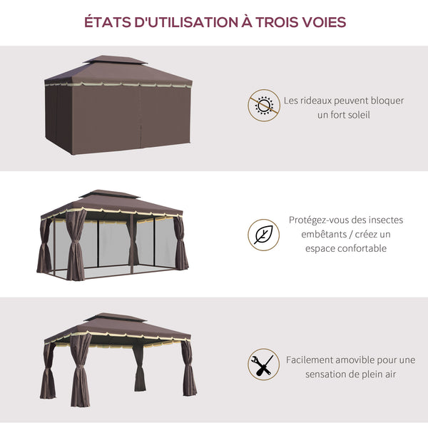 Tonnelle de jardin extérieur 4 x 3 m barnum double toit tente de réception avec parois et moustiquaires marron