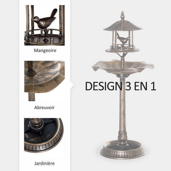 Bain d'oiseaux Abreuvoir pour Oiseaux jardinière 3 en 1 dim. Ø 50 x 113H cm polypropylène bronze antique