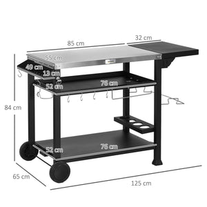 Chariot desserte pour barbecue plancha avec plateau en inox, multi-équipements, 6 crochets, tablette rabattable, 3 étages, 2 roulettes