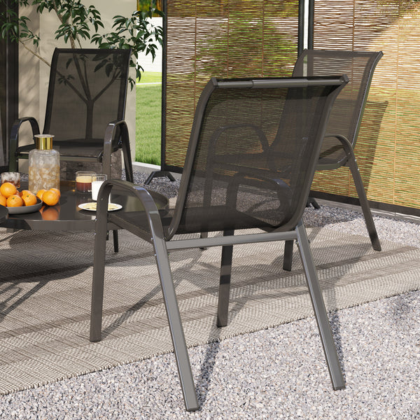 Lot de 4 chaises de jardin, chaises empilables, dossier haut incliné, tissu en maille respirante, cadre en acier, noir