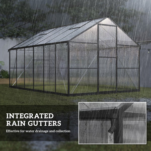 Serre de jardin en aluminium polycarbonate 8,97m² 363x247cm, serre avec fenêtres réglables, porte battante et gouttières, abri extérieur résistant aux intempéries pour plante fleur, noir