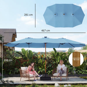 Parasol de jardin double 5 x 3 m, parasol de jardin extérieur avec base incluse, manivelle, polyester 180g/m², protection UV, pour patio, terrasse, bleu