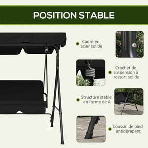 Balancelle de Jardin 3 Places Toit Inclinaison réglable Coussins Assise et Dossier 1,72L x 1,1l x 1,53H m Acier Noir Polyester Noire