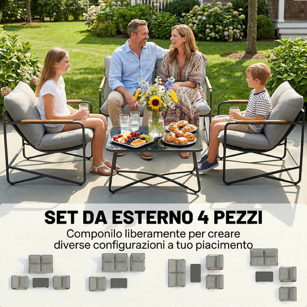 Ensemble Salon de Jardin 4 Pièces, Mobilier de Jardin en Métal avec Canapé 2 Places, 2 Fauteuils, Table Basse en Verre, Coussins Épais, Salon d'Extérieur pour Patio Balcon, Gris Clair