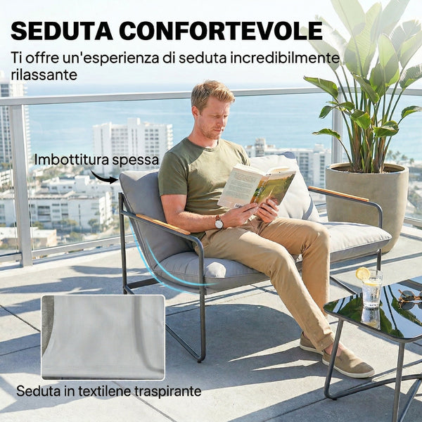 Ensemble Salon de Jardin 4 Pièces, Mobilier de Jardin en Métal avec Canapé 2 Places, 2 Fauteuils, Table Basse en Verre, Coussins Épais, Salon d'Extérieur pour Patio Balcon, Gris Clair