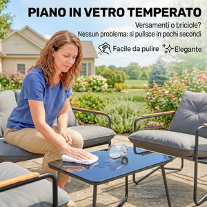 Ensemble Salon de Jardin 4 Pièces, Mobilier de Jardin en Métal avec Canapé 2 Places, 2 Fauteuils, Table Basse en Verre, Coussins Épais, Salon d'Extérieur pour Patio Balcon, Gris Clair
