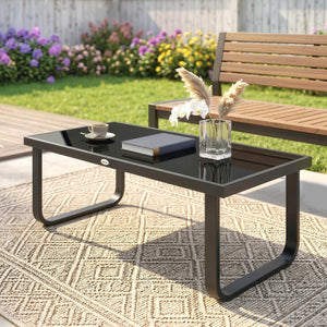 Table Basse de Jardin Rectangulaire, Pieds Incurvés, Plateau en Verre Trempé, Table d'Appoint pour Terrasse Balcon Jardin, 90x45x33cm, Noir