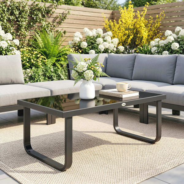 Table Basse de Jardin Rectangulaire, Pieds Incurvés, Plateau en Verre Trempé, Table d'Appoint pour Terrasse Balcon Jardin, 90x45x33cm, Noir