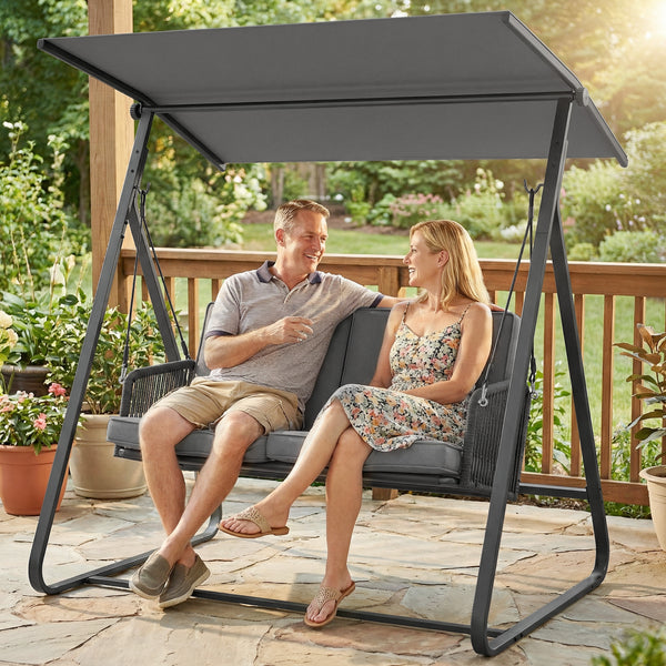 Balancelle de Jardin 2 Places en Résine Tressée, Balançoire Extérieure avec Toit Réglable et Coussin Épais, Cadre en Acier, Charge 240 kg, pour Balcon, Jardin, Terrasse, 150x128x168cm, Gris
