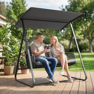 Balancelle de Jardin 2 Places en Résine Tressée, Balançoire Extérieure avec Toit Réglable et Coussin Épais, Cadre en Acier, Charge 240 kg, pour Balcon, Jardin, Terrasse, 150x128x168cm, Gris