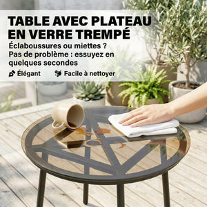 Salon de Jardin Extérieur 3 Pièces en Résine Tressée, Table Basse en Verre Trempé, 2 Fauteuils avec 2 Coussins, Mobilier de Jardin pour Balcon Terrasse Patio, Kaki