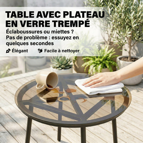 Salon de Jardin Extérieur 3 Pièces en Résine Tressée, Table Basse en Verre Trempé, 2 Fauteuils avec 2 Coussins, Mobilier de Jardin pour Balcon Terrasse Patio, Kaki
