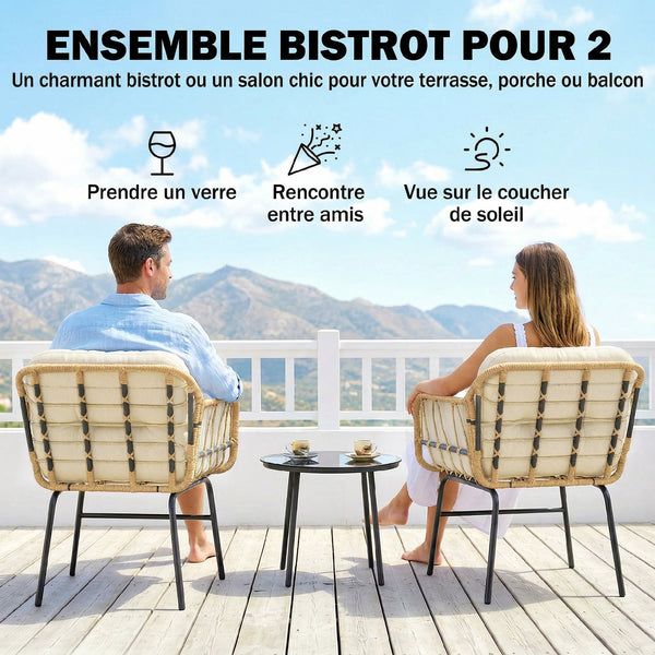 Salon de Jardin Extérieur 3 Pièces en Résine Tressée, Table Basse en Verre Trempé, 2 Fauteuils avec 2 Coussins, Mobilier de Jardin pour Balcon Terrasse Patio, Kaki