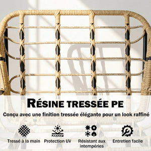 Salon de Jardin Extérieur 3 Pièces en Résine Tressée, Table Basse en Verre Trempé, 2 Fauteuils avec 2 Coussins, Mobilier de Jardin pour Balcon Terrasse Patio, Kaki