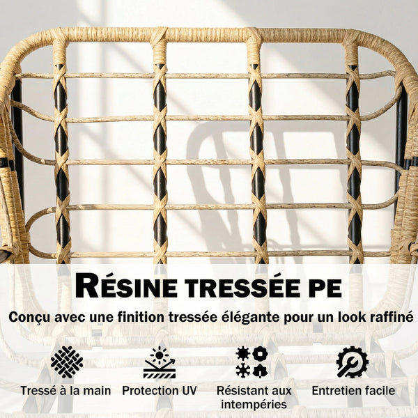 Salon de Jardin Extérieur 3 Pièces en Résine Tressée, Table Basse en Verre Trempé, 2 Fauteuils avec 2 Coussins, Mobilier de Jardin pour Balcon Terrasse Patio, Kaki