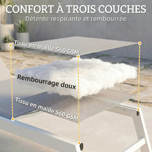 Bain de Soleil en Aluminium Léger, Dossier Réglable 6 Positions, Textilène 560g/m² et Rembourrage Intégré, Chaise Longue Anti-Rouille pour Terrasse Piscine Jardin, 64x181x90cm, Gris Clair