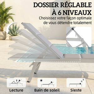 Bain de Soleil en Aluminium Léger, Dossier Réglable 6 Positions, Textilène 560g/m² et Rembourrage Intégré, Chaise Longue Anti-Rouille pour Terrasse Piscine Jardin, 64x181x90cm, Gris Clair