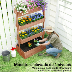 Jardinière en bois 4 niveaux, jardinière surélevée extérieure avec orifices de drainage et toile non tissée, bac pour cultures, plantes, fleurs, pour terrasse, jardin, 85x45x140 cm, Marron