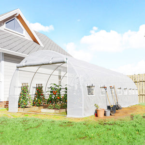 Serre de jardin tunnel 24m² 8L x 3l x 2H m - 16 fenêtres, Porte zippée Enroulable - châssis Tubulaire Acier galvanisé, bâche PE Haute densité Blanc