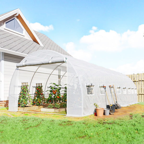 Serre de jardin tunnel 24m² 8L x 3l x 2H m - 16 fenêtres, Porte zippée Enroulable - châssis Tubulaire Acier galvanisé, bâche PE Haute densité Blanc
