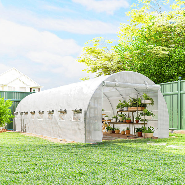 Serre de jardin tunnel 24m² 8L x 3l x 2H m - 16 fenêtres, Porte zippée Enroulable - châssis Tubulaire Acier galvanisé, bâche PE Haute densité Blanc