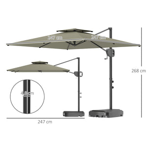 Parasol déporté carré 2,5 x 2,5 m, parasol de jardin extérieur avec manivelle, 2 bases incluses, toile polyester 200 g/m², double toit, 8 baleines, gris clair