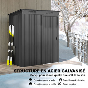 Abri de jardin en métal 1,37 m², cabane de jardin à outils, 159 x 106 x 181 cm, 2 paires de gants inclus, porte coulissante, aérations et toit en pente, montage facile, gris foncé