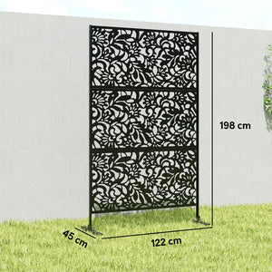 Panneau Brise Vue décoratif Extérieur Claustra Décoratif Jardin 3 Panneaux à motif floral paravent extérieur avec support en Acier galvanisé 122 x 45 x 198 cm, Noir
