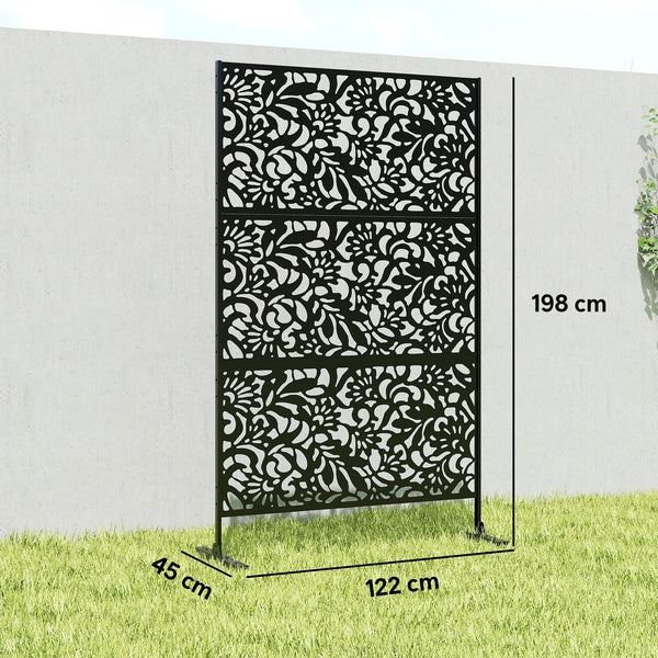 Panneau Brise Vue décoratif Extérieur Claustra Décoratif Jardin 3 Panneaux à motif floral paravent extérieur avec support en Acier galvanisé 122 x 45 x 198 cm, Noir
