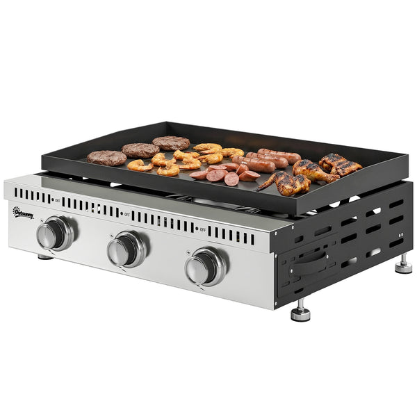 Plancha gaz 9 kW 3 brûleurs en acier inoxydable, surface cuisson 56,5 x 33 cm avec bac de récupération des graisses, propane/butane/GPL, portable pour camping, pique-nique et terrasse, noir