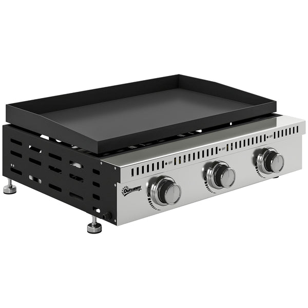 Plancha gaz 9 kW 3 brûleurs en acier inoxydable, surface cuisson 56,5 x 33 cm avec bac de récupération des graisses, propane/butane/GPL, portable pour camping, pique-nique et terrasse, noir