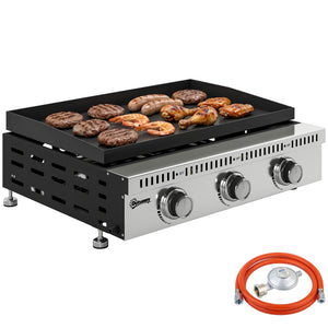 Plancha gaz 9 kW 3 brûleurs en acier inoxydable, surface cuisson 56,5 x 33 cm avec bac de récupération des graisses, propane/butane/GPL, portable pour camping, pique-nique et terrasse, noir