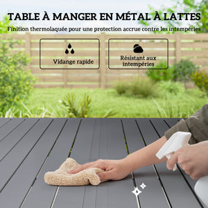 Salon de jardin extérieur 7 pièces, table de jardin extérieure avec 6 chaises empilables, plateau à lattes 150 cm, structure en acier anti-rouille, mobilier de jardin, terrasse, Gris Clair