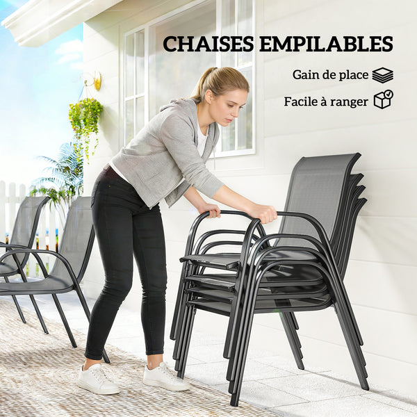 Salon de jardin extérieur 7 pièces, table de jardin extérieure avec 6 chaises empilables, plateau à lattes 150 cm, structure en acier anti-rouille, mobilier de jardin, terrasse, Gris Clair