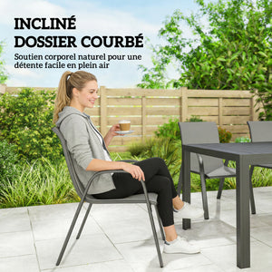 Salon de jardin extérieur 7 pièces, table de jardin extérieure avec 6 chaises empilables, plateau à lattes 150 cm, structure en acier anti-rouille, mobilier de jardin, terrasse, Gris Clair