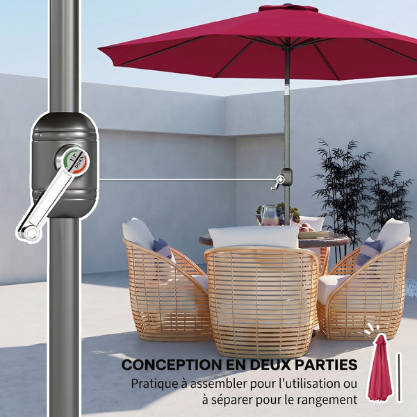 Parasol de jardin extérieur Parasol droit inclinable Ø 3 m en métal Rond Polyester 180g/m² manivelle inclinable Bordeaux