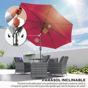 Parasol de jardin extérieur Parasol droit inclinable Ø 3 m en métal Rond Polyester 180g/m² manivelle inclinable Bordeaux