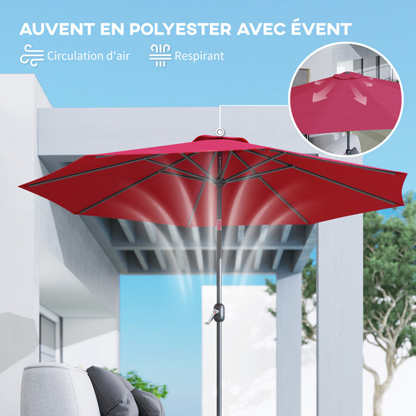 Parasol de jardin extérieur Parasol droit inclinable Ø 3 m en métal Rond Polyester 180g/m² manivelle inclinable Bordeaux