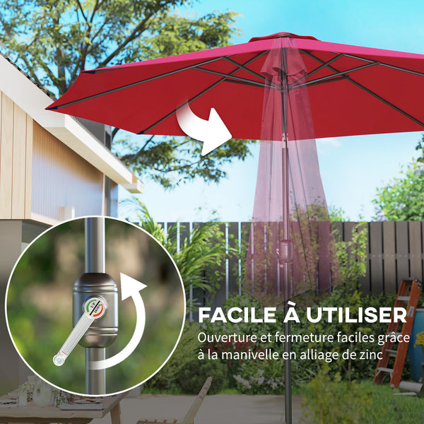 Parasol de jardin extérieur Parasol droit inclinable Ø 3 m en métal Rond Polyester 180g/m² manivelle inclinable Bordeaux