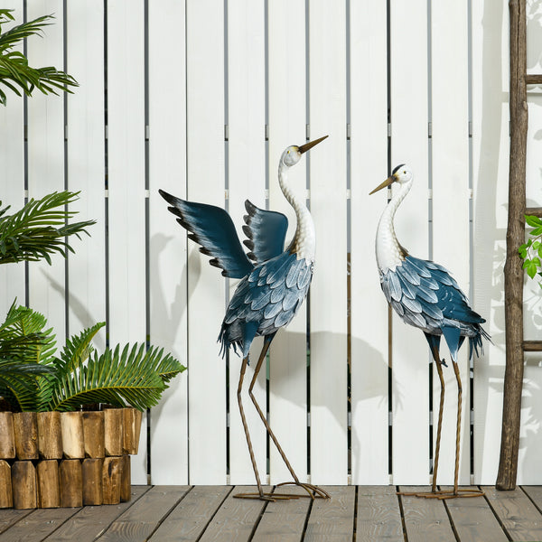 Lot de 2 statues jardin exterieur sculpture de héron en acier, decoration exterieur jardin résistant aux intempéries pour étang, patio, terrasse, pelouse, 74/70cm multicolore