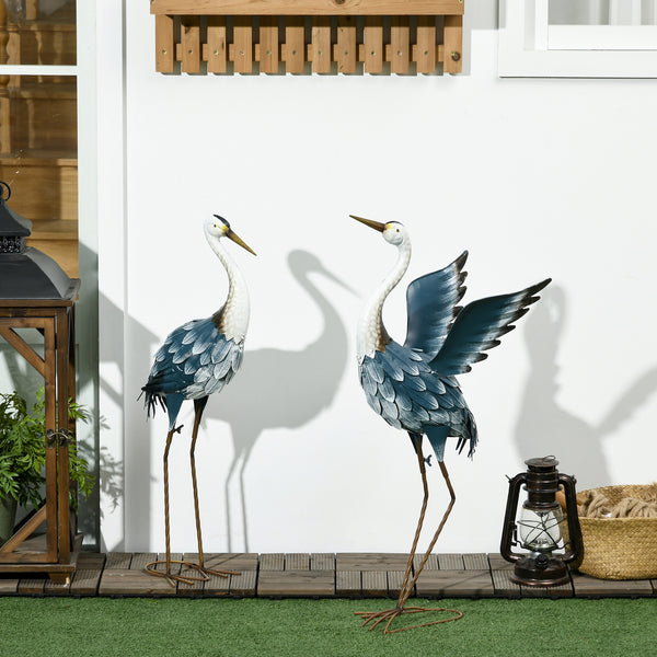 Lot de 2 statues jardin exterieur sculpture de héron en acier, decoration exterieur jardin résistant aux intempéries pour étang, patio, terrasse, pelouse, 74/70cm multicolore
